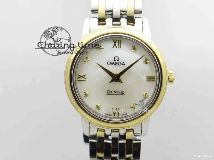 0315 OnTrend De Ville 27mm SS YG Ladies MK 1:1 Best Edition White MOP Dial Diamond Markers On SS Bracelet Ronda Quartz 8187